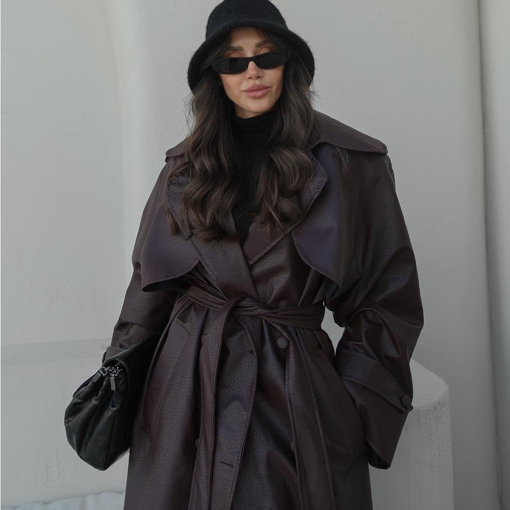 Burgundy Faux Leather Trench Coat - Picture 4 of 8
